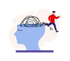Man running out of tangled thoughts with a human silhouette in background vector