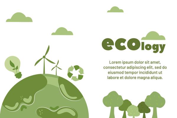 Creative illustration showcasing ecology elements on a green planet with renewable energy sources