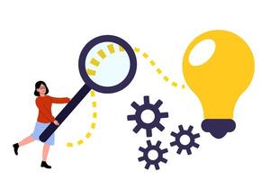 Creative analysis of ideas using a magnifying glass and gears in a bright illustration vector