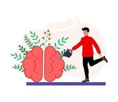 Man watering a brain with plants to promote mental well-being and creativity vector