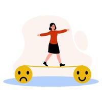 Balancing emotions in a playful illustration with a woman on a smiley face and frown face vector