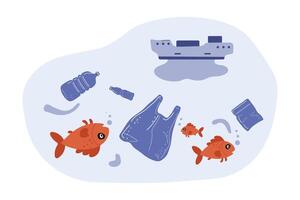 Underwater scene showing marine life interacting with plastic waste and ship debris vector