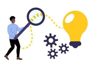 Exploring ideas with a magnifying glass, gears, and a light bulb in a creative setting vector