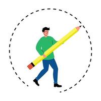 Creative individual carries a large yellow pencil while walking in a circular setting vector