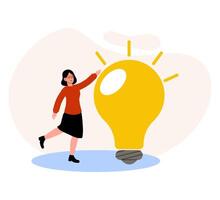 Creative woman interacting with a large light bulb in a bright and cheerful setting vector