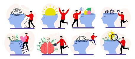 Mindfulness and mental health concepts illustrated through colorful graphics vector