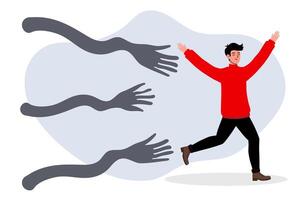 Person in red sweater runs joyfully while playful hands reach out in a whimsical illustration vector