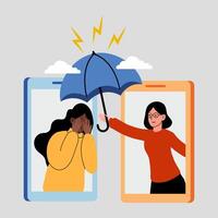 Friends supporting each other through mental health struggles with technology connection vector