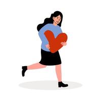 Woman joyfully running while holding a large red heart in a playful setting vector