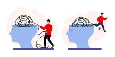 Man untangles thoughts in a creative representation of mental clarity and organization vector