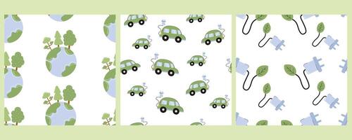 Eco-friendly patterns featuring nature, vehicles, and environmental elements vector