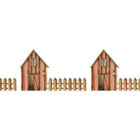 Farm with barn with burning lantern and wooden fence, seamless watercolor border. All objects are hand painted with watercolor. Suitable for printing on fabric, paper, for children, scrapbooking vector