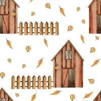 Farm with a fence and autumn leaves, a barn for storing grain, hay, with an open door and a burning lantern. Seamless watercolor pattern. All objects are hand-drawn with watercolors. For printing vector
