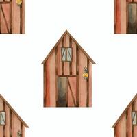 A house, barn or shed for storing grain, hay and tools. Seamless watercolor pattern. All objects are hand-painted with watercolors. Suitable for wallpaper in a children's room, for textiles, printing vector