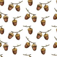 Acorns on a branch, hand-painted with brown and yellow watercolor. Watercolor seamless pattern. Suitable for printing on fabric, for home textiles, stationery and wallpaper for a child's room vector