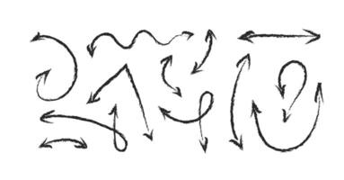 Hand drawn charcoal arrows set. Double arrow chalk icons. Crayon scribble lines, swirls arrows, scrawls. Doodle black marker or chalk drawing on white chalkboard. Direction pointers. vector