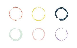 Chalk hand drawn color circle highlight. Doodle pastel charcoal round frame, spiral. Crayon stylish design element by pen or pencil. Kids circle curves vector