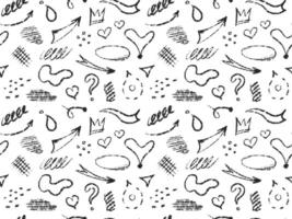 Chalk brush lines, arrows seamless pattern. Crayon grunge elements, circle, heart, abstract, square, frame, cross. Hand drawn pencil scribbles background. Cute print for t-shirt, apparel vector