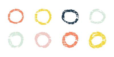 Chalk hand drawn color circle highlight. Doodle pastel charcoal round frame, spiral. Crayon stylish design element by pen or pencil. Kids curves vector