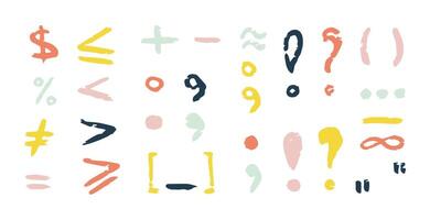 Chalk color punctuation marks, charcoal symbols by pencil, hand drawn lines, parentheses, plus, minus, more, less, question and exclamation marks, infinity, comma, dot, percentage, lines. Grunge vector