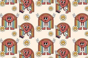 Groovy hippie pattern Valentine's Day heart character, rainbow, daisy. With retro cartoon characters and elements vector