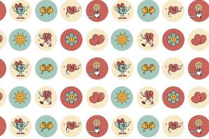 Pattern groovy hippie love round sticker set. Retro happy valentine's day. Comic happy heart character in trendy retro 60s 70s cartoon style. Retro characters and elements. vector