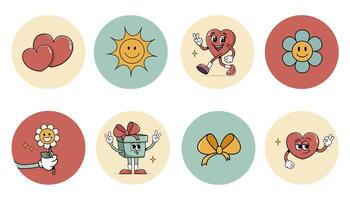 Groovy hippie love round sticker set. Retro happy valentine's day. Comic happy heart character in trendy retro 60s 70s cartoon style. Retro characters and elements. vector