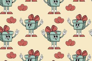Groovy pattern cartoon characters gift and two hearts. Funny happy pattern gift with eyes, smile and hearts for Valentine's Day. Hippie style 60s, 70s. vector