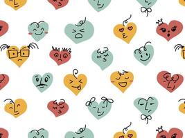 Pattern of funny characters with hand-drawn faces. Great set of hippie love stickers. Happy Valentine's Day concept. Trendy retro emoji in 60s 70s style. Y2K aesthetics. vector