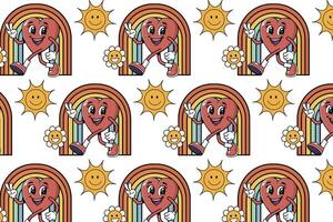 Groovy hippie Valentine's Day pattern heart character, rainbow, sun. With retro cartoon characters and elements. Trendy hippie style 60s, 70s vector