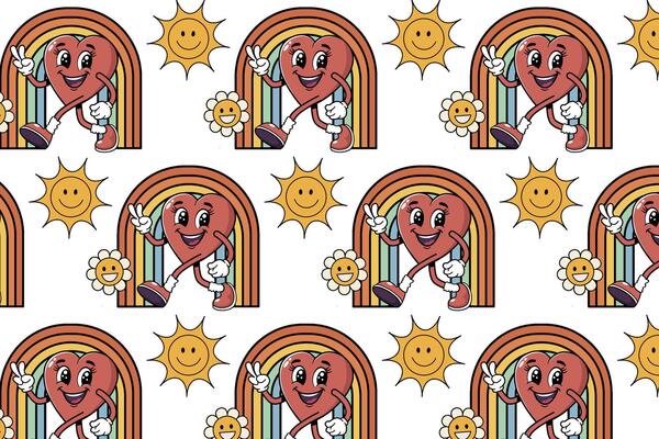 Groovy hippie Valentine's Day pattern heart character, rainbow, sun. With retro cartoon characters and elements. Trendy hippie style 60s, 70s