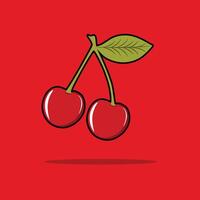 a drawing of cherry with a green leaf with red background or cherry illustration cherry vector