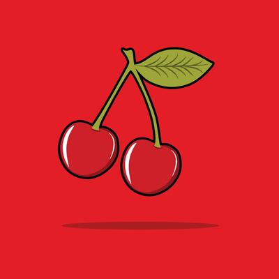 a drawing of cherry with a green leaf with red background or cherry illustration cherry