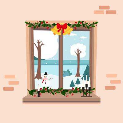 Christmas window. Winter view from the window.