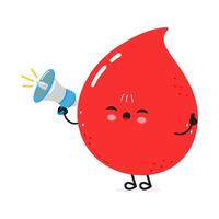 Cheerful Blood drop character holding a megaphone. hand drawn cartoon kawaii character illustration icon. Isolated on white background. Blood drop screams character concept vector