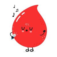 Cute Blood drop character singing into a microphone character. hand drawn cartoon kawaii character illustration icon. Isolated on white background. Blood drop character concept vector