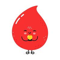 Cute smiling Blood drop character holding a heart in hands. hand drawn cartoon kawaii character illustration icon. Isolated on white background Blood drop in love character concept vector