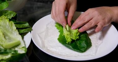 spring rolls Summer rolls with fresh vegetables and meat and peanut sauce. Vietnamese appetizer. Salad spring rolls with pork. Healthy food concept video