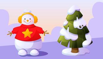 A cheerful snowman in a red sweater and soft headphones stands next to a Christmas tree in the snow. Snowman against the background of a snowy landscape. Winter fun, games. vector