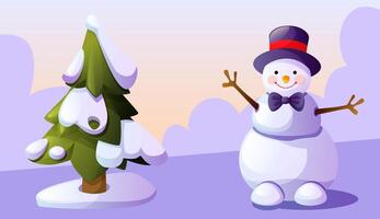 A cheerful snowman in a top hat and with a bow stands next to a Christmas tree in the snow. Snowman against the background of a snowy landscape. Winter fun, games. vector