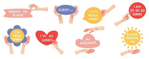 Set of stickers with quotes forgive in hand. Hand holds a letter with apologies. Sorry. illustration on white background. vector
