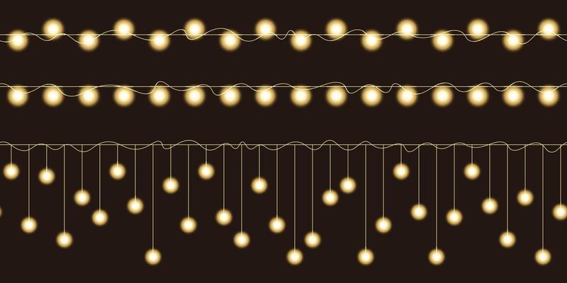 set of decorative realistic new year luminous seamless garlands. Garland with yellow bulbs. Set of christmas lights on wire. design for new year, chinese new year, christmas card, banner.