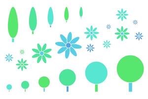 A set of abstract trees and flowers. Geometric nature icons. Simple minimalist shapes collection, calm green, blue colors, isolated, white background. Infographics, posters, website, brochures, print vector