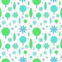 Cute pastel decorative botanical seamless pattern. Trees, flowers, flat abstract graphic shapes. White background. Backgrounds, wallpapers, surface design, textile, fabric, print, papers, web, napkins vector