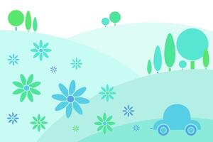 Eco-friendly green car with flowers coming from the exhaust pipe, with abstract fields and trees or wood in the background. Light blue and green color. Infographics, posters, website, brochures, print vector