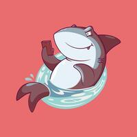 A Shark Character is holding a smartphone. vector