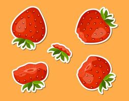 Strawberry eating steps sticker set. Stages of biting red berry from Whole, bite progression sequence animation of eaten. Hand drawn flat style isolated vector