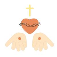 Hands of Christ with stigmata and heart wrapped in a crown of thorns Christian cross from above Religious illustration vector