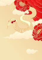 Chinese New Year poster of the Year of the Snake Golden snake with peonies and moire on a yellow background vector
