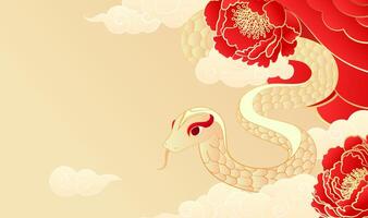 Chinese New Year Illustration of the Year of the Snake Golden snake with peonies and moire on a yellow background vector
